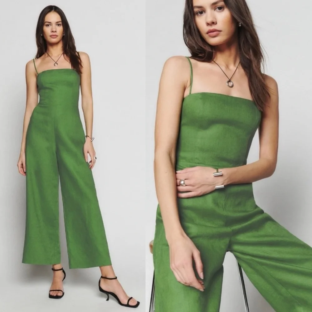 NWT Reformation Overland Linen Jumpsuit Cropped Wide Leg Palm Green Size 2 $228